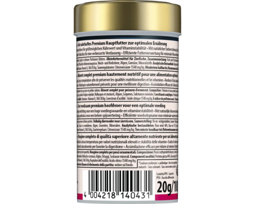 Achterkant van een blikje premium hoofdvoeding voor siervissen met ingrediëntenlijst en voedingsadvies, 20 gram.