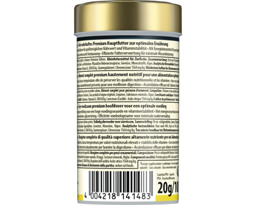 Achterzijde van een verpakking premium hoofdvoeding voor siervissen met voedingsinformatie en barcode.