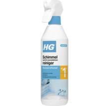 HG Schimmel, vocht en weerplekken reiniger, 500 Milliliter witte sprayflacon voor de badkamer, zonder schrobben. HG Logo.