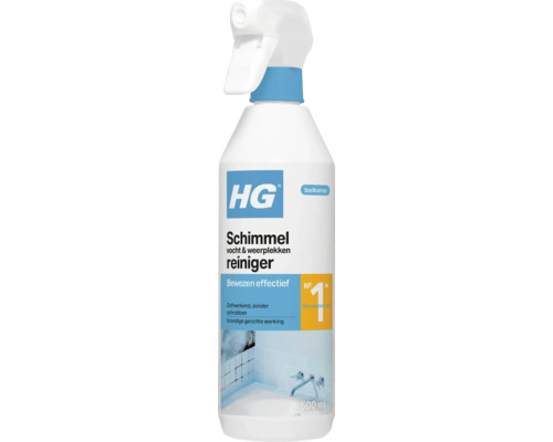 HG Schimmel, vocht en weerplekken reiniger, 500 Milliliter witte sprayflacon voor de badkamer, zonder schrobben. HG Logo.