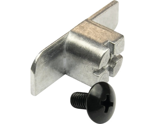 Metalen meubelverbinder inclusief een zwarte kruiskopschroef.