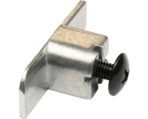 Glashouder van metaal met zwarte klemschroef voor meubelplanken.