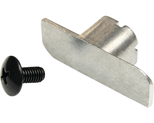 Metalen meubelverbinder met zwarte kruiskopschroef.