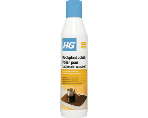 HG Logo. HG kookplaat polish in een 250 milliliter fles voor het reinigen en polijsten van kookplaten.