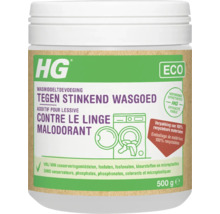 HG Logo, ECO wasmiddeltoevoeging tegen stinkend wasgoed, 500 gram, vrij van microplastics en conserveringsmiddelen, recyclebare verpakking.