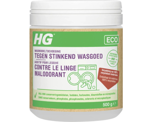 HG Logo, ECO wasmiddeltoevoeging tegen stinkend wasgoed, 500 gram, vrij van microplastics en conserveringsmiddelen, recyclebare verpakking.