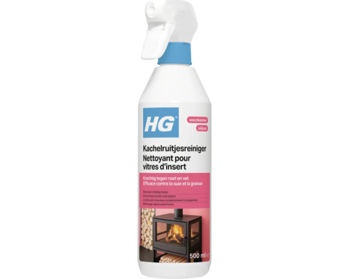 HG Kachelruitjesreiniger in een 500 milliliter spuitfles tegen roet en vet op kachelruiten. HG Logo.