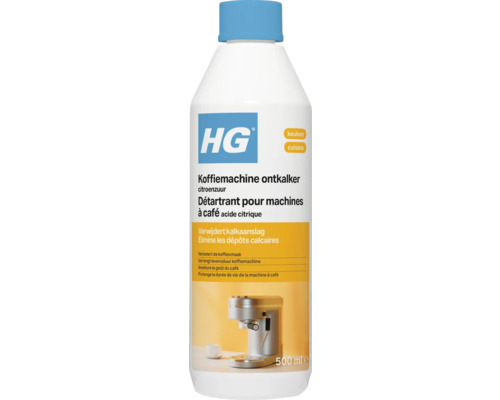 HG Logo, koffiemachine ontkalker op basis van citroenzuur, 500 milliliter fles voor het verwijderen van kalkaanslag.