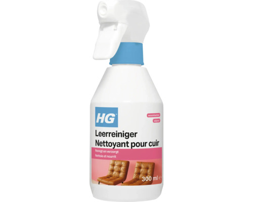 HG Leerreiniger voor het reinigen en verzorgen van leer in een 300 milliliter spuitfles.