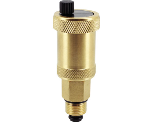 Automatische snelontluchter van messing voor verwarmingssystemen met zwarte beschermkap.