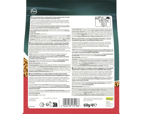 Achterkant verpakking Tetra Pond Koi Sticks, 650 gram, met voedingsadvies, ingrediënten, Tetra Logo, recyclingsymbolen en lichtbescherming.