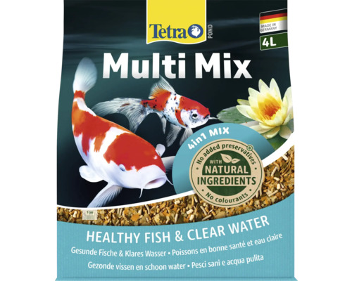 Tetra Logo, Tetra Pond Multi Mix visvoer 4 in 1, 4 liter, geproduceerd in Duitsland, natuurlijke ingrediënten, voor gezonde vissen.
