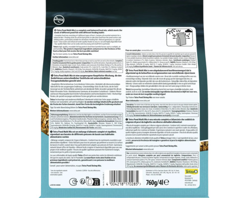 Achterkant van Tetra Pond Multi Mix visvoerverpakking met voedingsinstructies, ingrediënten, gewicht 760 gram en 4 liter, Tetra Logo en symbool voor UV-bescherming.