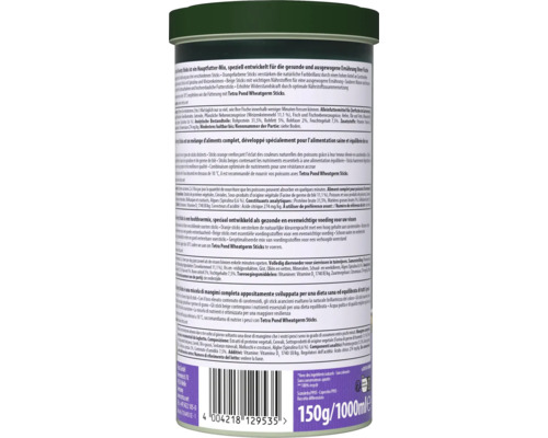 Achterkant van de verpakking Tetra Pond Variety Sticks visvoer voor vijvervissen met ingrediënten, voedingsadvies en barcode.