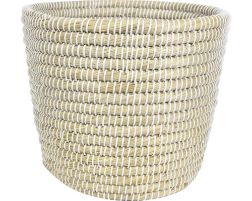 Ronde gevlochten mand van zeegras met witte koordbinding.