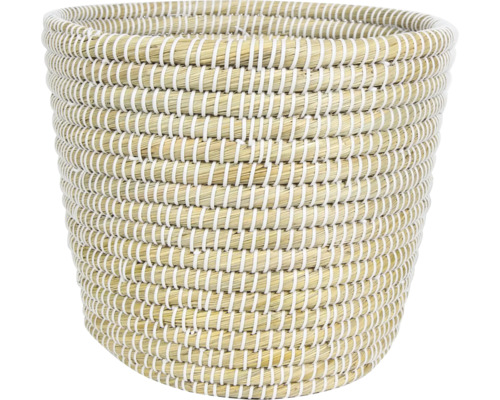 Ronde gevlochten opbergmand van zeegras met witte details.