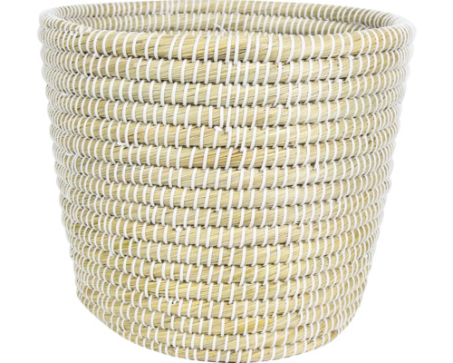 Gevlochten mand van zeegras met witte koordbinding.