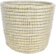 Gevlochten mand van zeegras met witte binding, conische vorm, geschikt als bloempot of voor opslag.