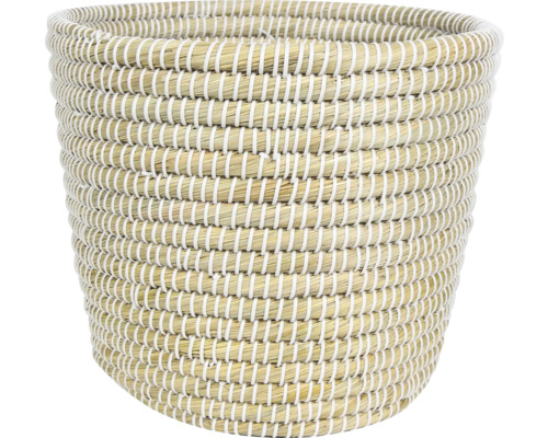 Gevlochten mand van zeegras met witte binding, conische vorm, geschikt als bloempot of voor opslag.