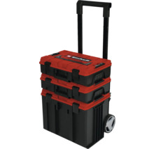 Einhell gereedschapskoffersysteem in rood en zwart bestaande uit drie stapelbare boxen met wielen en uitschuifbare handgreep.