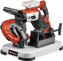 Einhell accu-lintzaag met onderstel en bankschroef voor nauwkeurige sneden in metaal en kunststof.