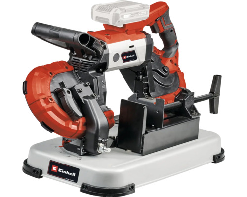 Einhell accu-lintzaag met onderstel en bankschroef voor nauwkeurige sneden in metaal en kunststof.