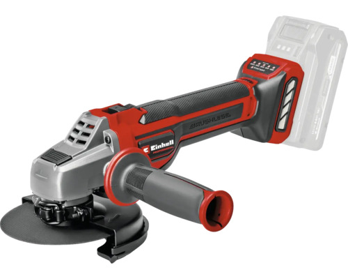 Einhell haakse slijper op accu Professional in rood en zwart met borstelloze motor, extra handgreep en beschermkap.