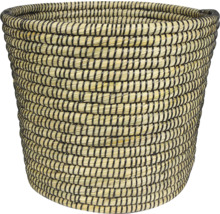 Gevlochten mand van zeegras en kunststof, rond, beige en zwart.