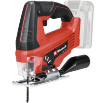 Einhell accu-decoupeerzaag met beugelhandgreep, zaagblad, transparante splinterbescherming en stofafzuigadapter.