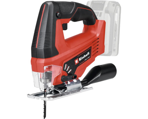 Einhell accu-decoupeerzaag met beugelhandgreep, zaagblad, transparante splinterbescherming en stofafzuigadapter.