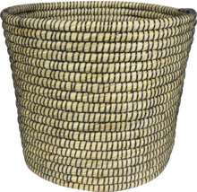 Gevlochten opbergmand van zeegras met zwart patroon, rond.