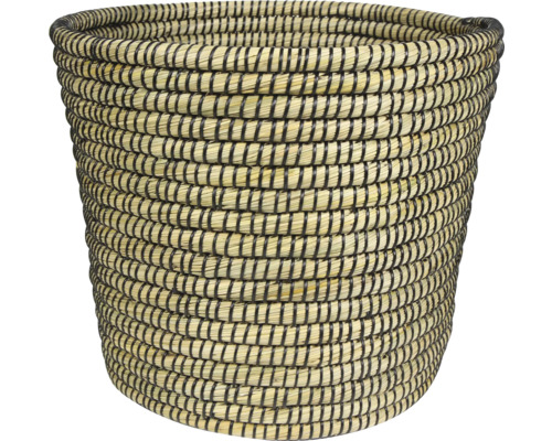 Gevlochten opbergmand van zeegras met zwart patroon, rond.