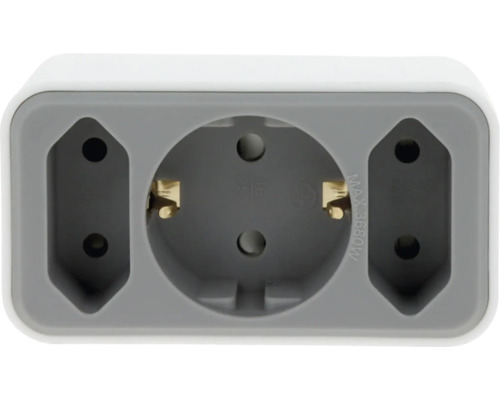 Multistekker adapter in wit en grijs met één randaarde stopcontact en twee Euro-stopcontacten, maximaal 3680 Watt.