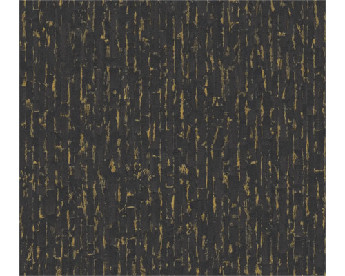 Gestructureerd behang met verticaal abstract patroon in zwart en goud.