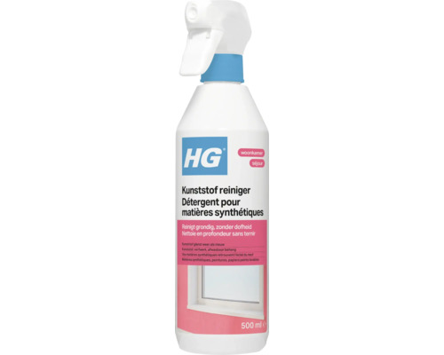 HG Logo. HG Kunststof reiniger 500 milliliter spuitfles voor grondige reiniging van kunststof, verfwerk en afwasbaar behang zonder dofheid.