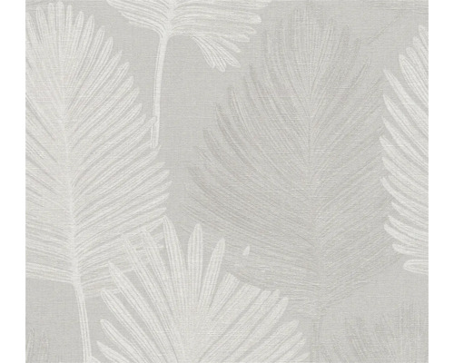 Behang met groot palmbladpatroon en fijne linnenstructuur.