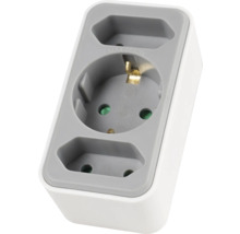 Drievoudige stekkerdoos met randaarde stopcontact, twee euro-stopcontacten en kinderbeveiliging, maximaal 3680 Watt, kunststof, wit en grijs.