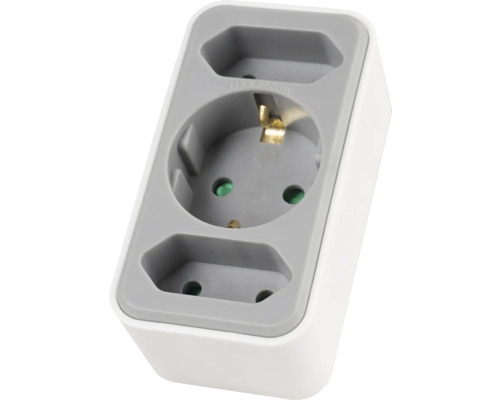 Drievoudige stekkerdoos met randaarde stopcontact, twee euro-stopcontacten en kinderbeveiliging, maximaal 3680 Watt, kunststof, wit en grijs.
