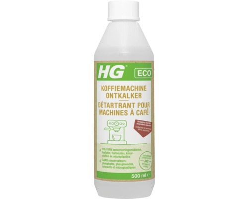 HG Eco koffiemachine ontkalker in een fles van 500 milliliter van honderd procent recyclebaar materiaal.