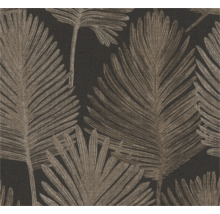 Vliesbehang met groot palmblad patroon in linnenlook.