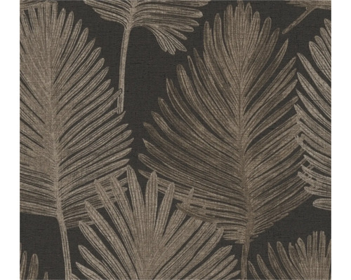 Vliesbehang met groot palmblad patroon in linnenlook.