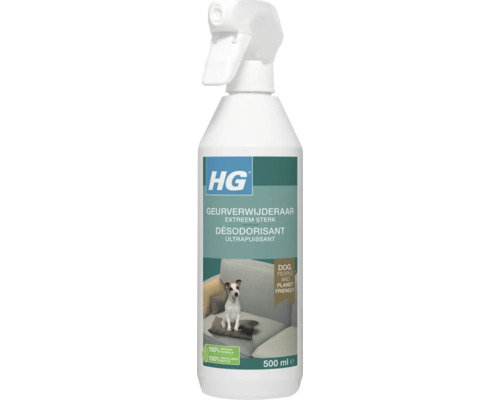HG Logo, geurverwijderaar extreem sterk 500 milliliter spuitfles, 100 procent natuurlijke formule, 100 procent recyclebare fles.