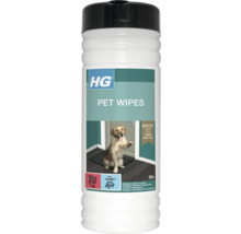 HG Pet Wipes, 50 verzorgingsdoekjes voor poten en vacht. Witte plastic bus met zwarte dop en afbeelding van een hond. Bevat plastic.