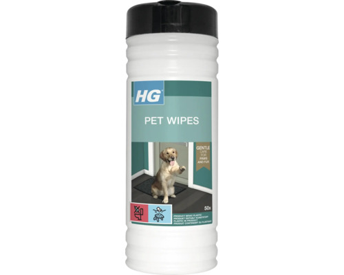HG Pet Wipes, 50 verzorgingsdoekjes voor poten en vacht. Witte plastic bus met zwarte dop en afbeelding van een hond. Bevat plastic.