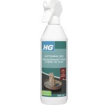 HG Logo. HG Kattenbak Deo in een 500 milliliter spuitfles. 100 procent natuurlijke formule, 100 procent recyclebare fles.