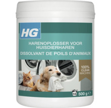 HG Logo. HG harenoplosser voor huisdierharen in de wasmachine, 500 gram verpakking voor 10 wasbeurten.