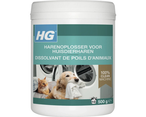 HG Logo. HG harenoplosser voor huisdierharen in de wasmachine, 500 gram verpakking voor 10 wasbeurten.