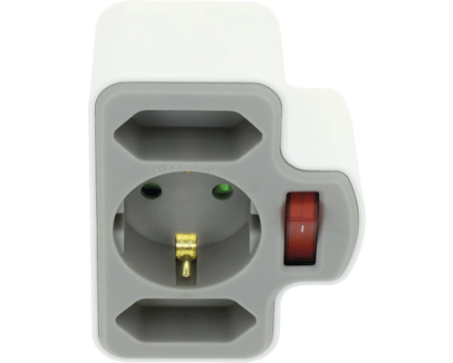 Witte stopcontactadapter met een randaardestopcontact, twee eurostopcontacten en een rode aan-uitschakelaar. Maximaal 3680 watt.