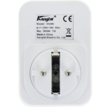 Achterkant van een Kangtai tussenstekker model 55085 met technische gegevens zoals 230 Volt en 16 Ampère, CE-markering en afvalsymbool.