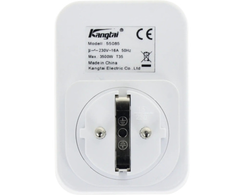 Achterkant van een Kangtai tussenstekker model 55085 met technische gegevens zoals 230 Volt en 16 Ampère, CE-markering en afvalsymbool.